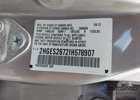 2001 Honda Civic Ex z USA, uszkodzony, nr VIN 2HGES26721H578907